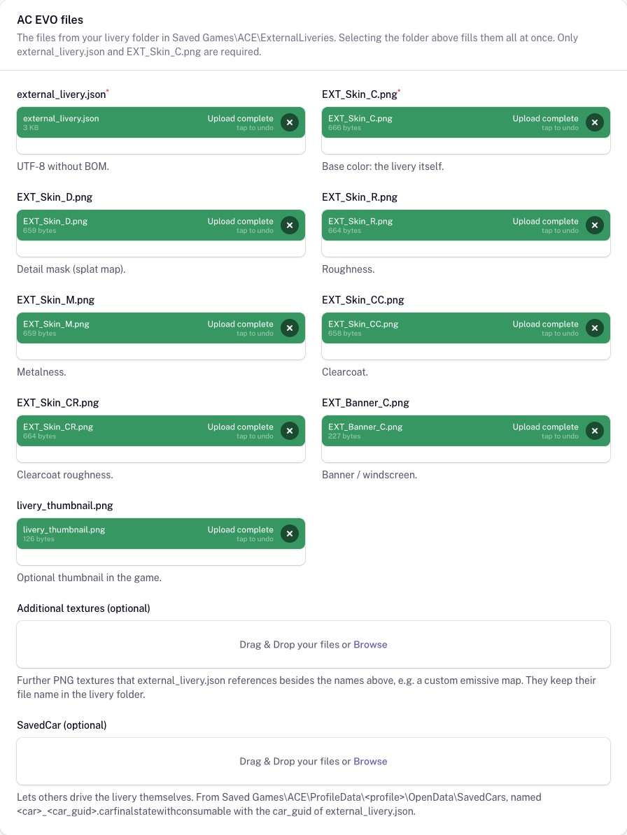 The section AC EVO files of the livery form with external_livery.json, the textures and the SavedCar