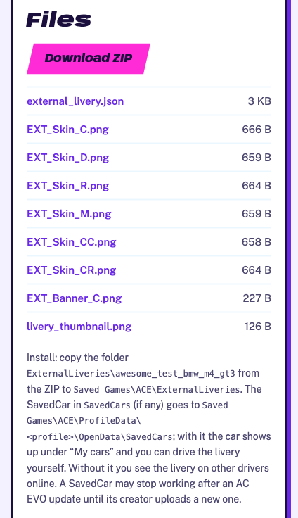 The files of an AC EVO livery on its livery page, with the button Download ZIP and the installation hint