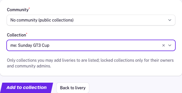 The form Add to collection with the fields Community and Collection