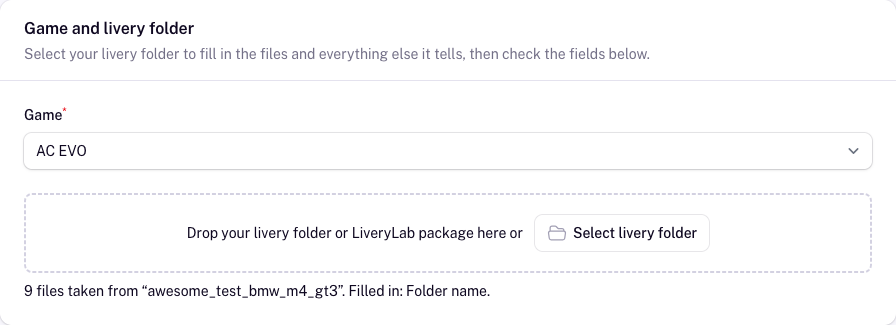 The section Game and livery folder of the livery form, with the game AC EVO and the field to select a livery folder