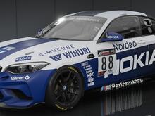 BMW M2 CS Racing liveried in the style of a Finland National Football Team away kit, featuring title sponsorship from Nokia