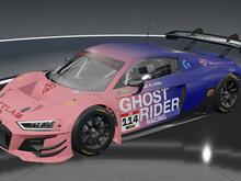 Front quarter view of the car showing sponsors and driver customization.