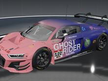 Front quarter view of the car showing sponsors and driver customization.