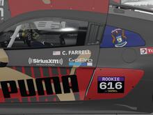 A high side view showing sponsors and driver customization.