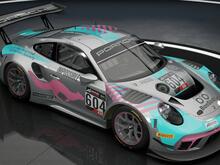 A silver car with a pink otter and a blue accent used by Kvetch Motorsports. Sponsors include the mast cell society, Racing pride and impossible foods.