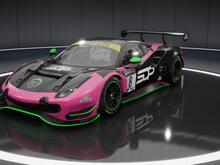 A picture of the Ferrari 488 GT3 Evo in SOP pink and diamond black