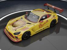 yellow mercedes amg car with a bread picture on the hood