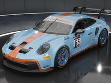 the old school Gulf livery style applied to a modern porsche