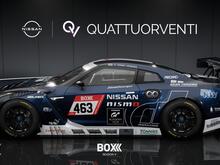 "QV Motorsports by Schulze" 2018 Nissan GTR Nismo GT3, with the blue and white Schulze Motorsport GT Academy color scheme.