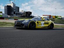A yellow Mercedes-AMG GT4 sporting the KESATRIA Sim Racing livery.