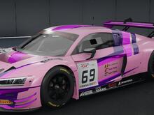 Light pink base, with magenta and purple lines, car number 69 and the names of 3 of our drivers