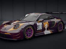vaporwave purple and orange Porsche 911 with a smug anime girl