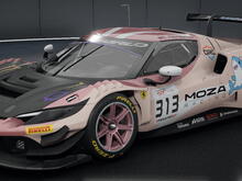 An image of Fairweather's Ferrari within the showroom of the racing simulator Assetto Corsa Competizione