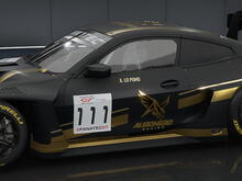 Alessandro Lo Pomo’s black and gold Auronero Racing BMW M4 GT3, number 111, in Assetto Corsa Competizione.