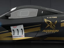 Side view of Alessandro Lo Pomo’s black and gold Auronero Racing McLaren 720S GT3 Evo, number 111, in Assetto Corsa Competizione.