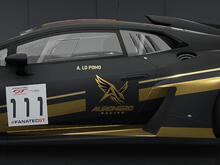 Side view of Alessandro Lo Pomo’s black and gold Auronero Racing Lamborghini Huracan GT3 EVO2, number 111, in Assetto Corsa Competizione.