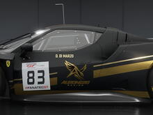 Side view of Daniele Di Marzo’s black and gold Auronero Racing Ferrari 296 GT3, number 83, in Assetto Corsa Competizione.