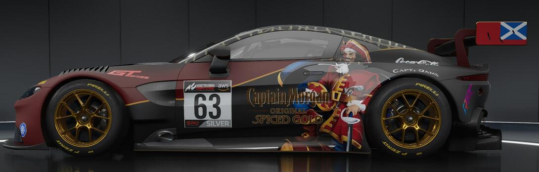 Red and Black Aston Martin with Captain Morgans logo on the side