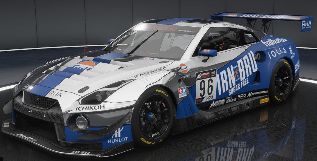 Nissan GTR GT3 in the chrome & blue variant of the Gulf Irn Bru Racing Livery with the front and right side in view