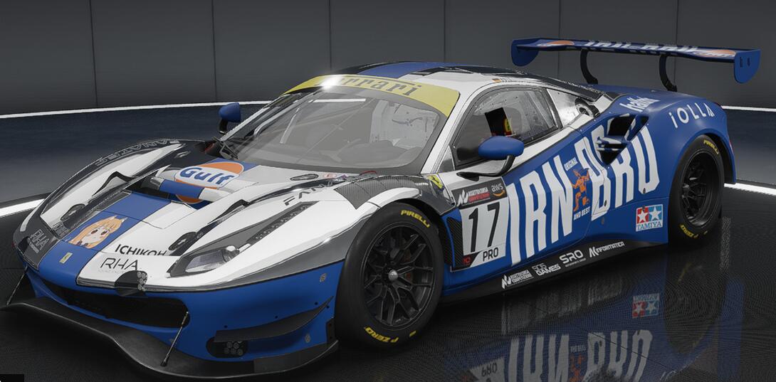 Ferrari 488 GT3 EVO in the blue & chrome variant of the Gulf Irn Bru Racing Livery