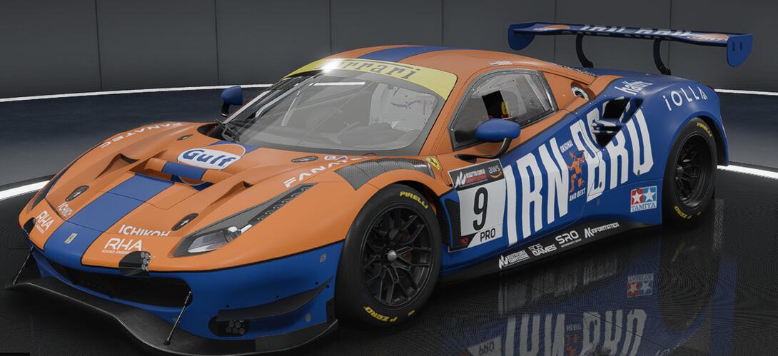 Ferrari 488 GT3 Evo in the standard orange & blue variant of the Gulf Irn Bru Racing livery