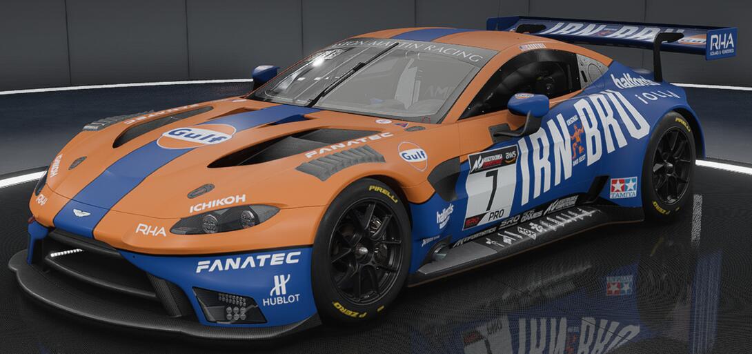 Gulf Irn Bru Racing Aston Martin V8 Vantage shown at an angle with the front and right side in view