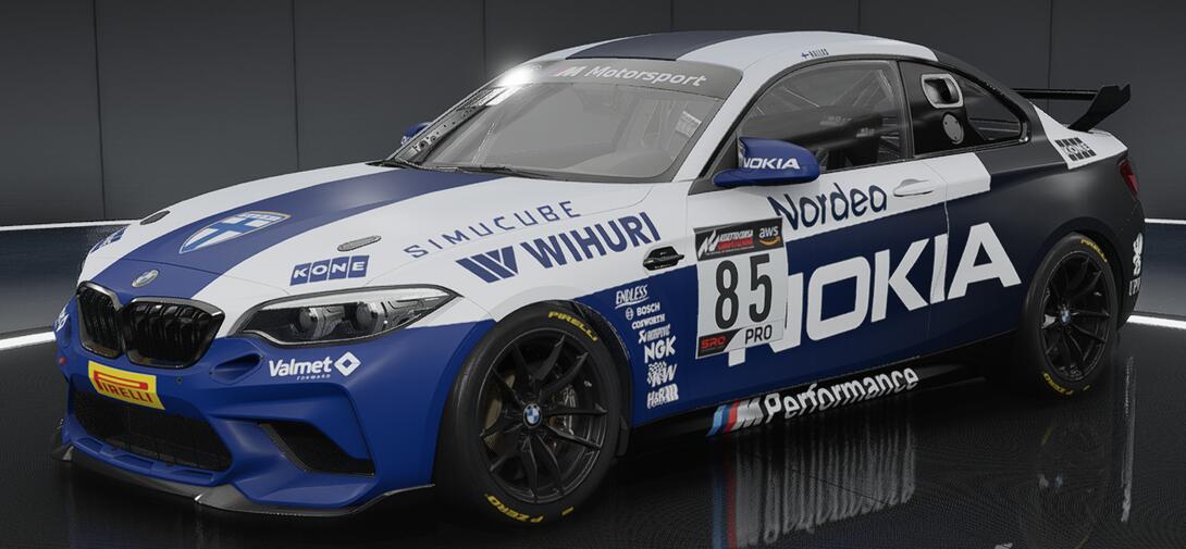 BMW M2 CS Racing liveried in the style of a Finland National Football Team away kit, featuring title sponsorship from Nokia