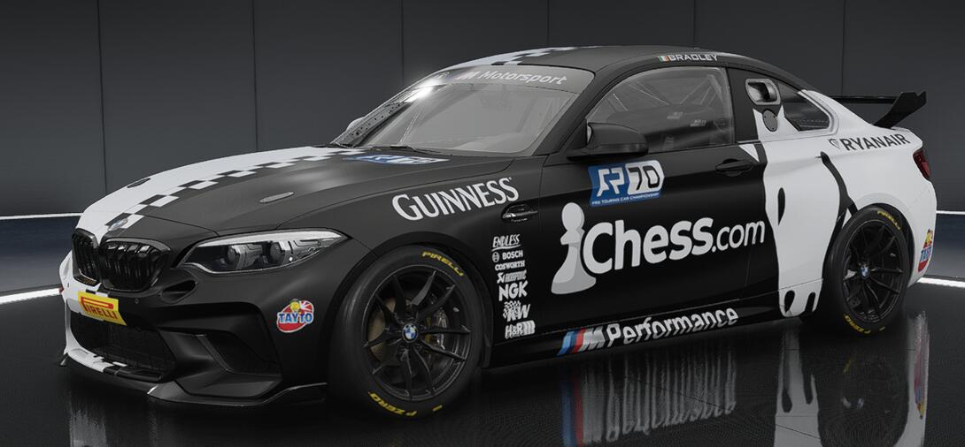 Chess.com livery for the BMW M2 CS Racing, a horse (representing the knight chess piece) covers the rear quarter, the car is divided down the centreline, one half black, the other white, with a checkerboard pattern stripe connecting the two.