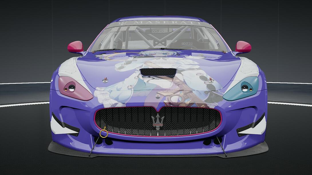 front shot of a purple Maserati with different colored headlights and Amemiya Nazuna on the hood