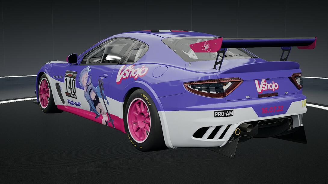 rear-side shot of a purple Maserati with white accent and pink rim and trim, Amemiya Nazuna from VShojo on the door