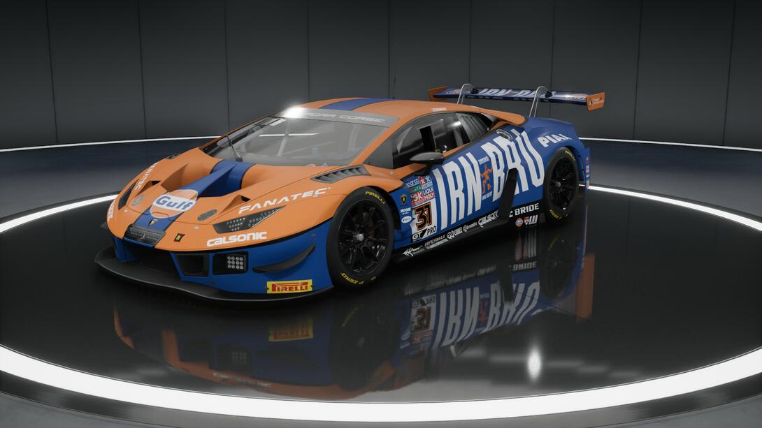 Lambo GT3 in an Irn-Bru livery loosely inspired by the iconic Gulf scheme