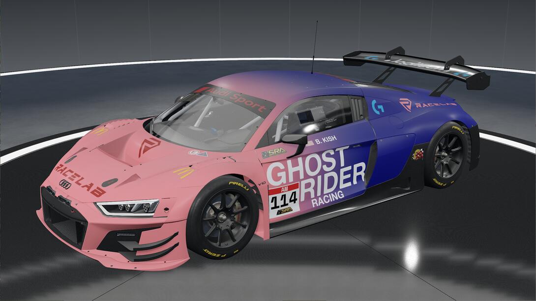 Front quarter view of the car showing sponsors and driver customization.