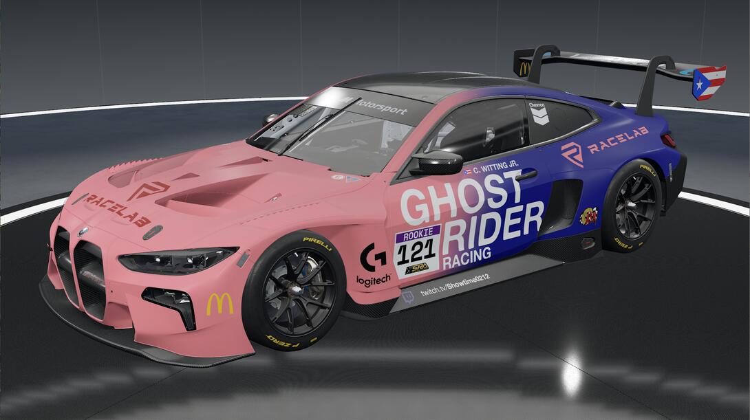 Front quarter view of the car showing sponsors and driver customization.