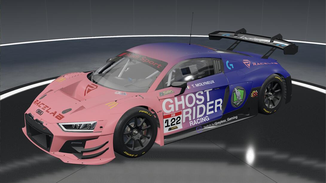 Front quarter view of the car showing sponsors and driver customization.