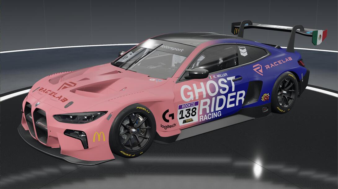 Front quarter view of the car showing sponsors and driver customization.