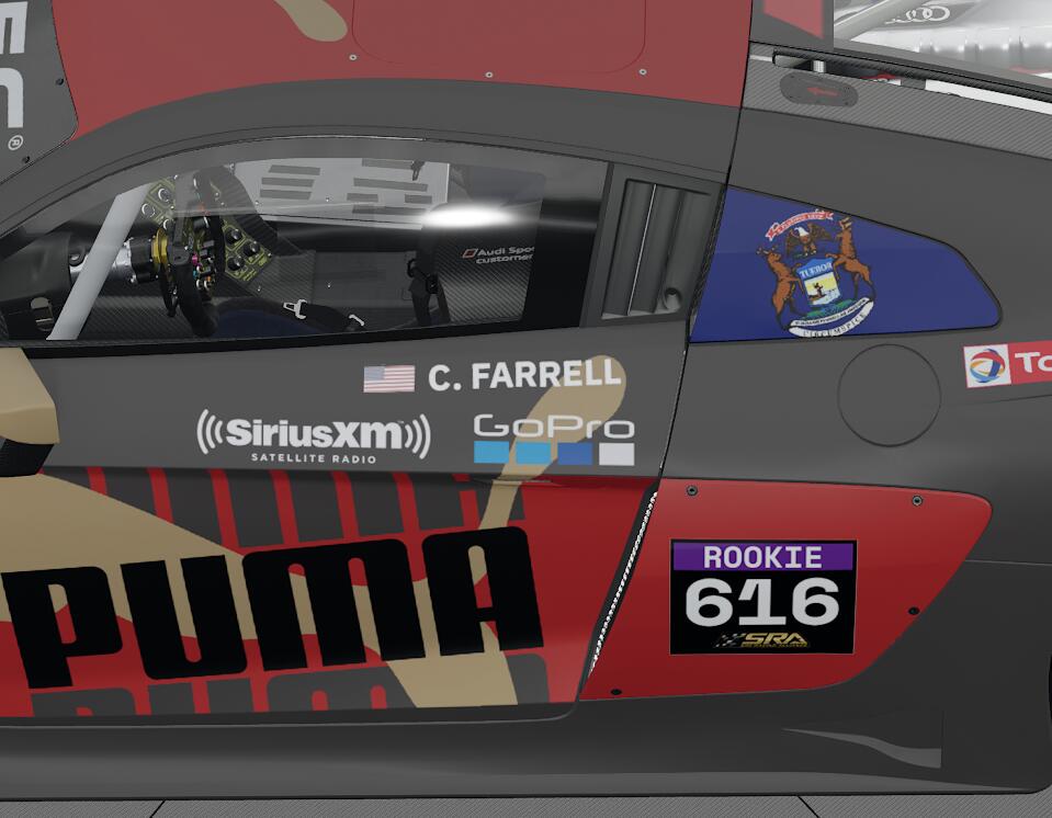 A high side view showing sponsors and driver customization.