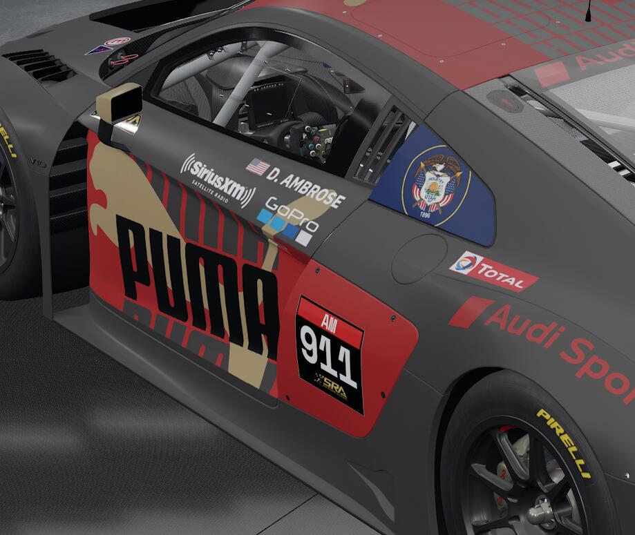 A rear side view of the car showing sponsors and driver customization.