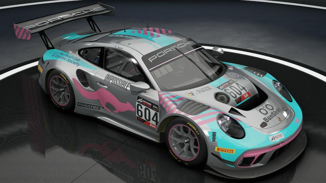 A silver car with a pink otter and a blue accent used by Kvetch Motorsports. Sponsors include the mast cell society, Racing pride and impossible foods.