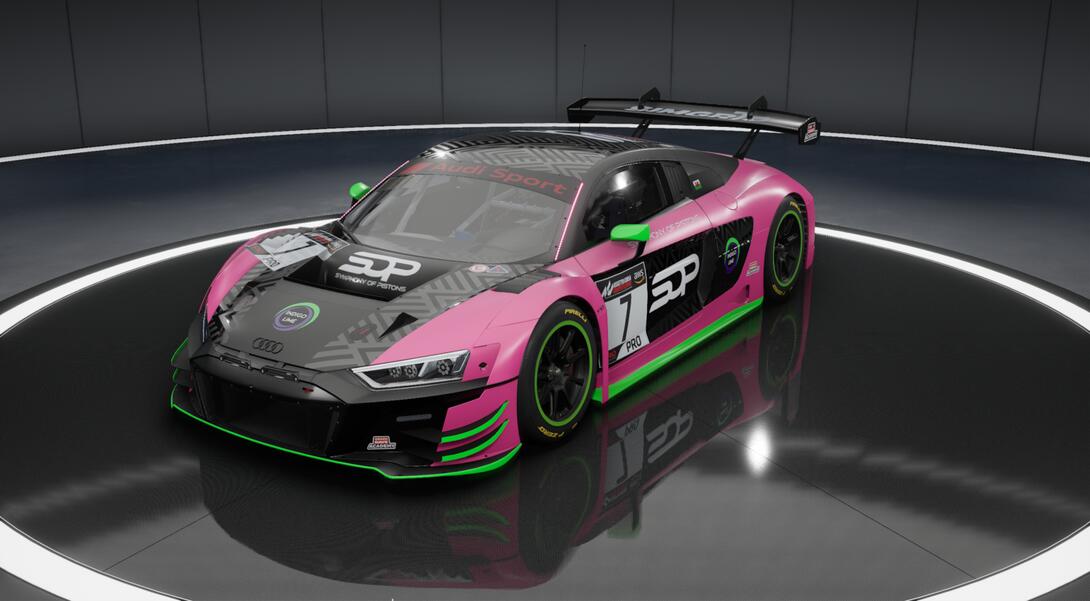 A pink Audi R8 in SOP colors of pink, diamond black, and green