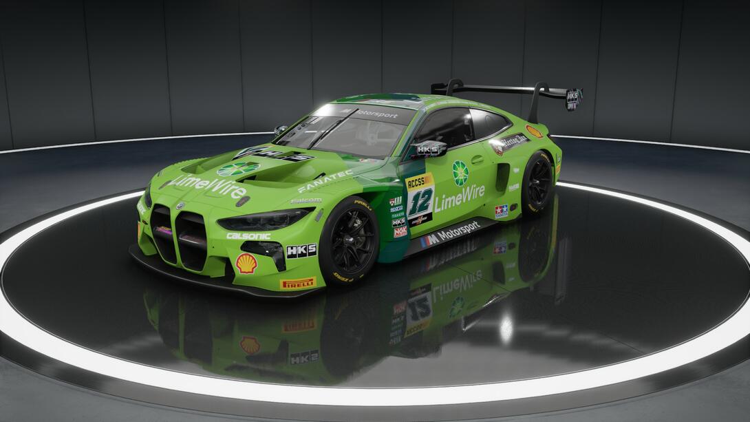 BMW M4 GT3 in lime green sponsored by LimeWire, loosely inspired by the Watstiner DTM liveries of yesteryear