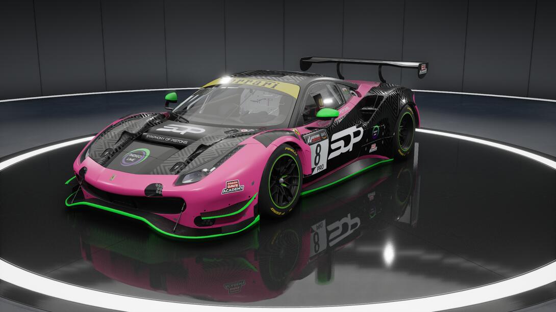 A picture of the Ferrari 488 GT3 Evo in SOP pink and diamond black