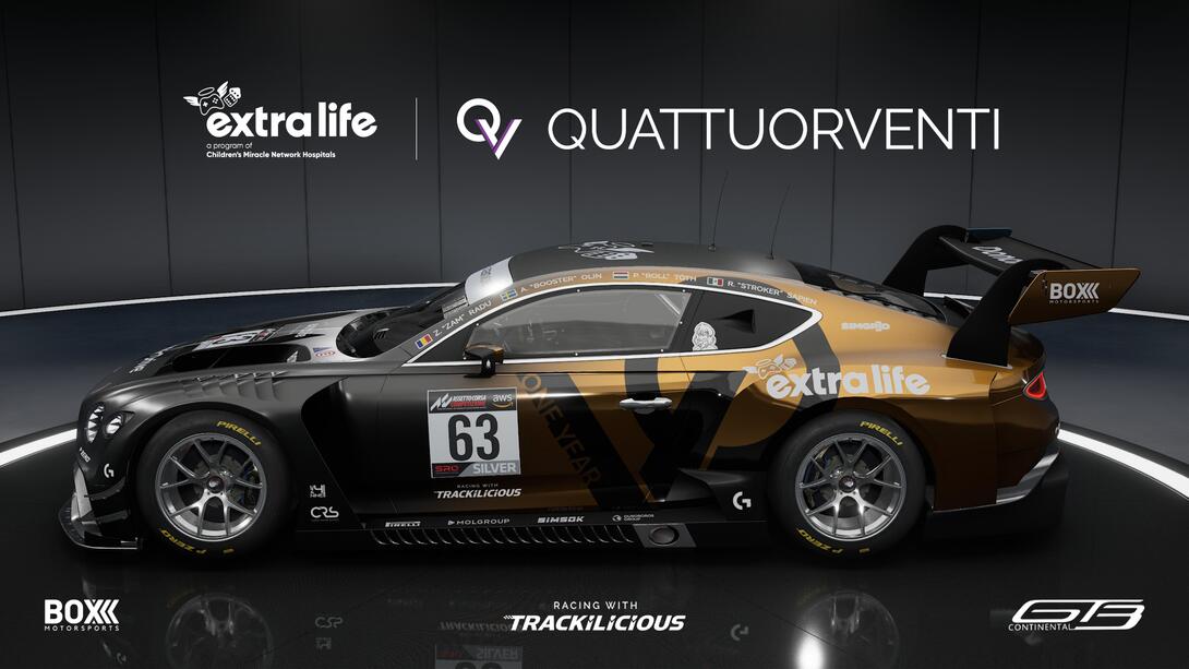 QV Motorsports' "One Year" 2018 Bentley Continental GT3, with Extra Life as the main sponsor.