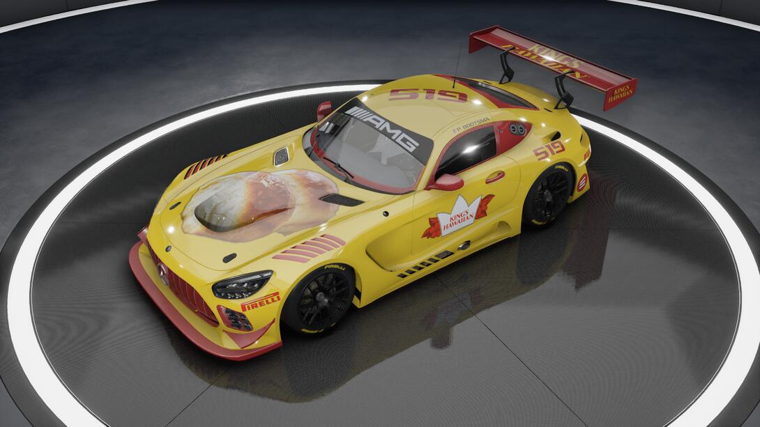 yellow mercedes amg car with a bread picture on the hood