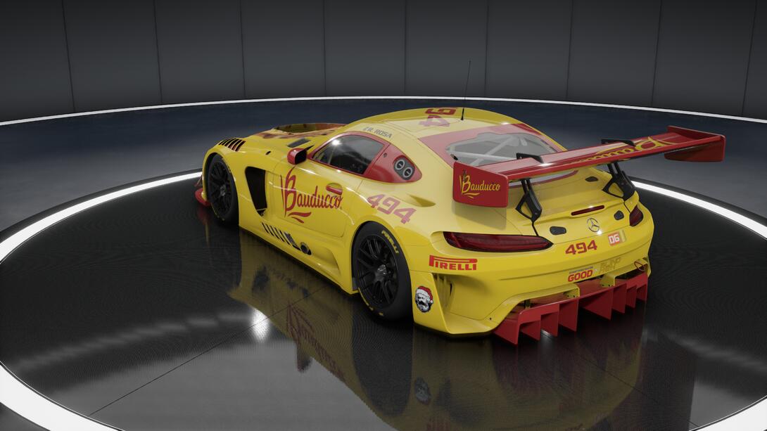 yellow mercedes amg car with a bread picture on the hood