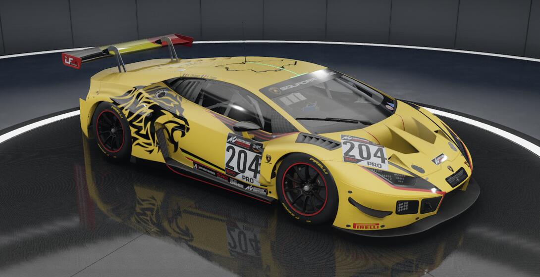 Screenshot of the Lambo Evo in Yellow Lions livery