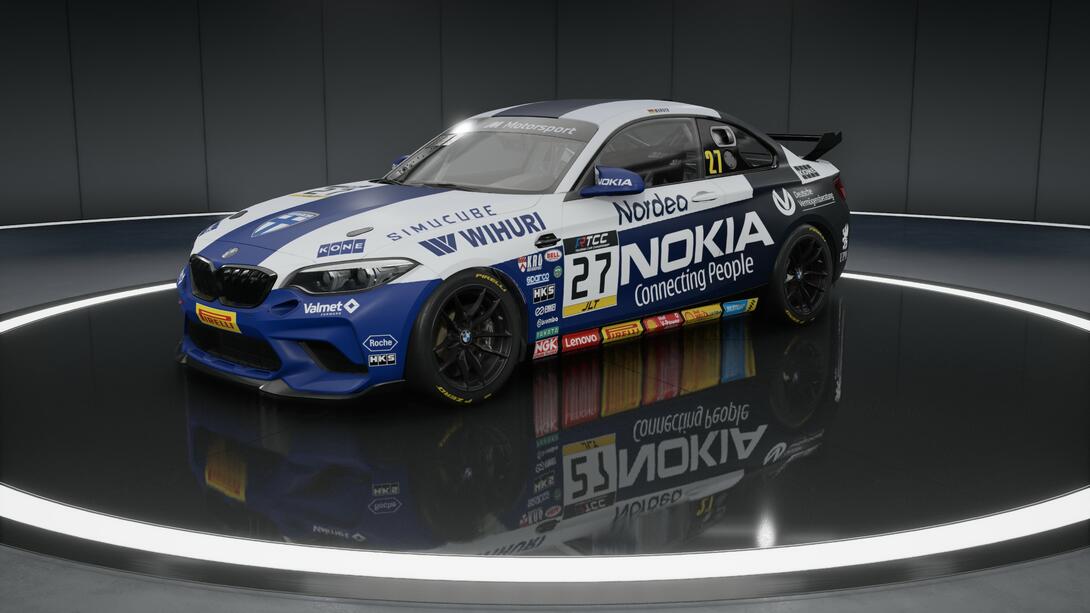 Nokia sponsored BMW M2 in the style of the Finnish flag