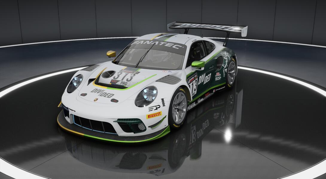 A white Porsche in a split livery of maize and blue with two-tone green