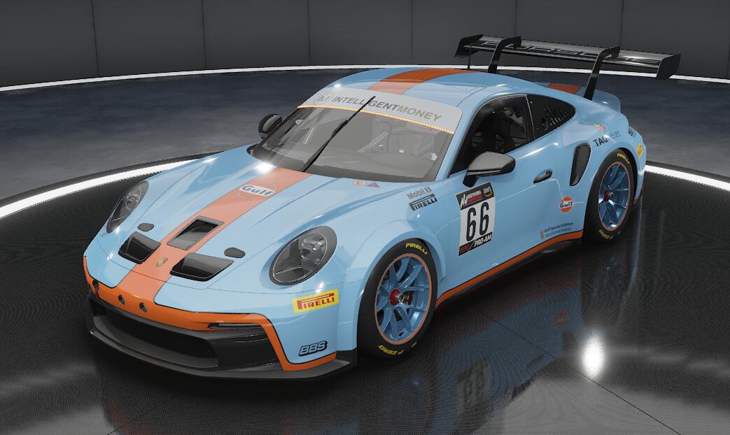 the old school Gulf livery style applied to a modern porsche