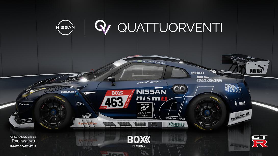 "QV Motorsports by Schulze" 2018 Nissan GTR Nismo GT3, with the blue and white Schulze Motorsport GT Academy color scheme.