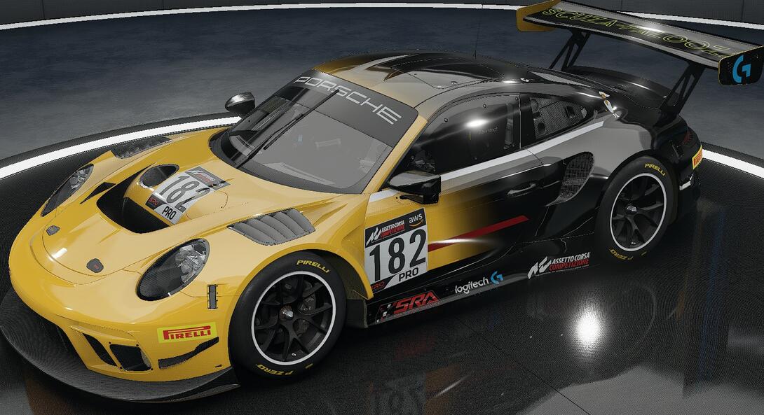 Porsche 911-2. Livery is a yellow to black gradient. The front of the porsche is yellow and transitions to black halfway down the car.
